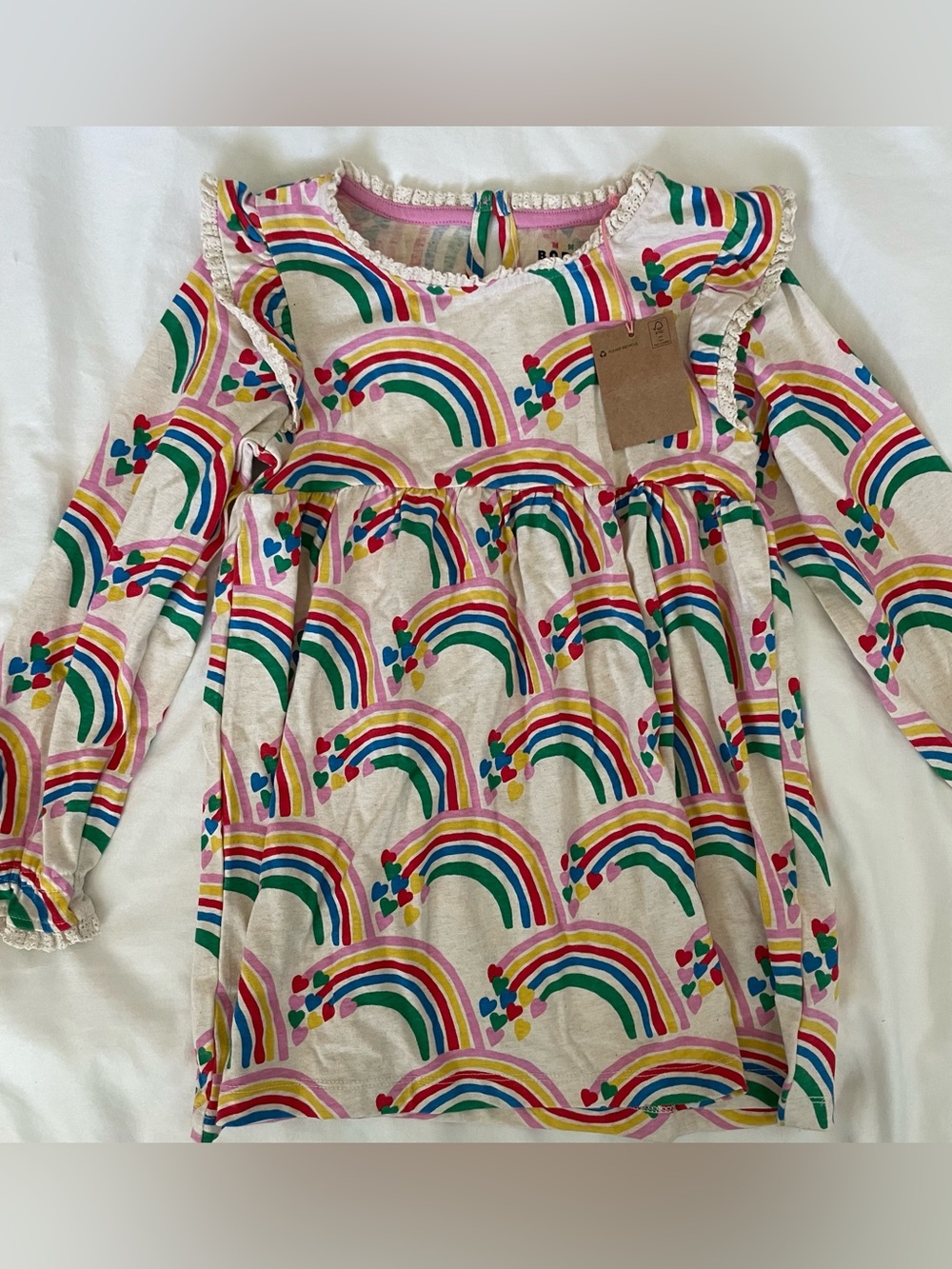 Mini Boden Cream Long-Sleeve Rainbow Ruffle Dress Top